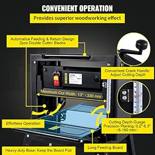 VEVOR Thickness Planer - 13-Inch Benchtop Wood Planer, 2000W, 8000 rpm, 15 AMP, Foldable, 6m/min Planing Speed, Iron Stand, Dust Exhaust for Woodworking