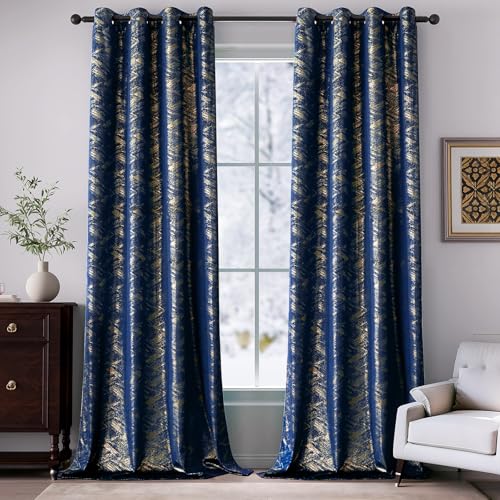 Navy Blue Velvet Curtains 84 Inches 2 Panels Luxury Gold