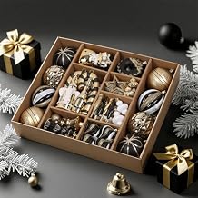 SHareconn 70pcs 2025 Classic Christmas Balls Ornaments Set, Shatterproof Plastic Baubles for Xmas Tree Holiday Wedding Party Decorations with Hanging Strings, Black, White and Gold