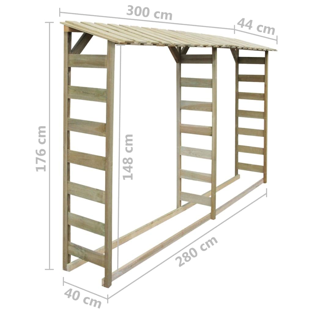 Feuerholz-Lagerschuppen aus imprägniertem Kiefernholz 300×44×176 cm mit schrägem Dach und Lattenseiten für optimale Luftzirkulation, Brennholzaufbewahrung im Garten, Terrasse, Ofen und Kamin