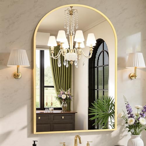 Image of Sweetcrispy 30 inchx40 inch Arched Gold Bathroom Mirrors for Wall, Bathroom Mirrors for Over Sink, Metal Framed with HD Shatter-Proof Glass for Entryway, Living Room, Bedroom, Home Decor