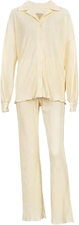 Women Autumn Casual Loose 2 Pieces Suit Long Sleeve Blouse with High Waist Pants Beige Sets