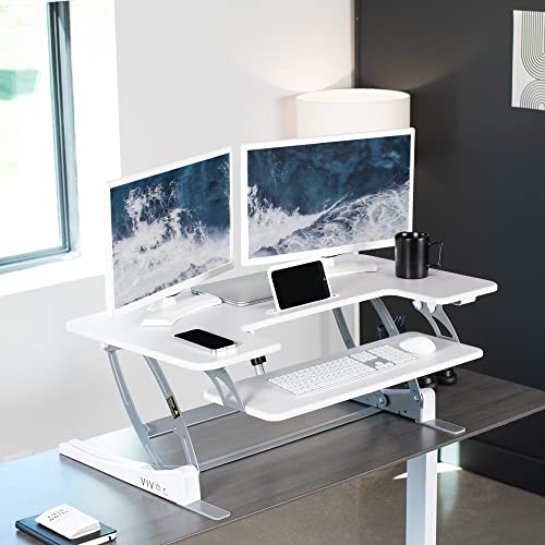 Image of VIVO White 42 inch Standing Desk Converter, DESK-V000VLW | Height Adjustable, Stand Up Desk Riser, Wide Keyboard Tray, Dual Monitor and Laptop Workstation, V Series