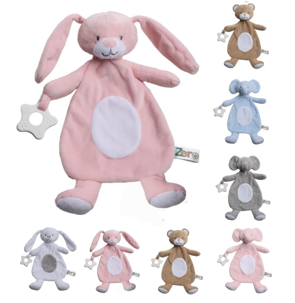 OnlyBee Newborn Baby Comforters with Taggies and Teether Elephant Bunny Teddy Bear (Newborn to 0 Months, Pink Rabbit)