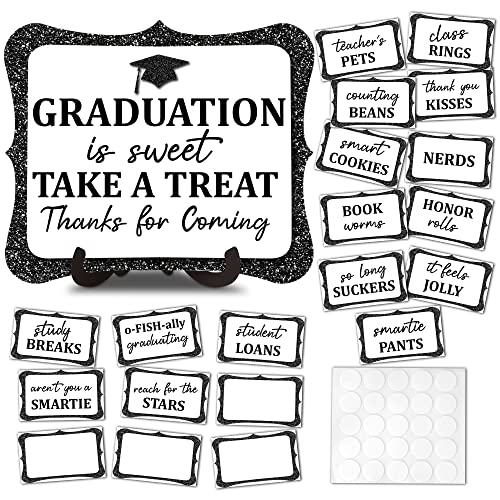 20PCS Graduation Candy Bar Sign 1 Black Glitter Candy Buffet Table Sign with Stand Catering Supplies Display for Graduation Decorations Class of 2026 -A02