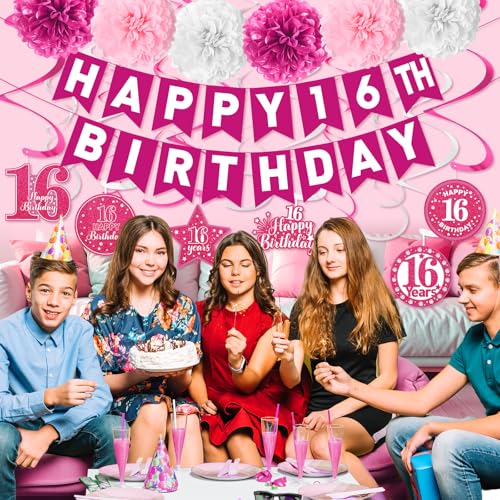 Image of Pink Sweet 16 Birthday Decorations Girls Sweet 16 Birthday Banner & Hanging Swirls Tissue Pompoms for Girls 16 Years Old Party Supplies
