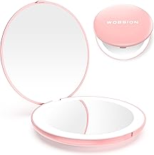WOBSION Mini Led Handbag Mirror, LED Small Mirror, 10 x with Light, 3.5 Inches, Handbag Mirror, Portable Mirror, Gift for Girl, Compact Folding, Travel Mirror, Pink