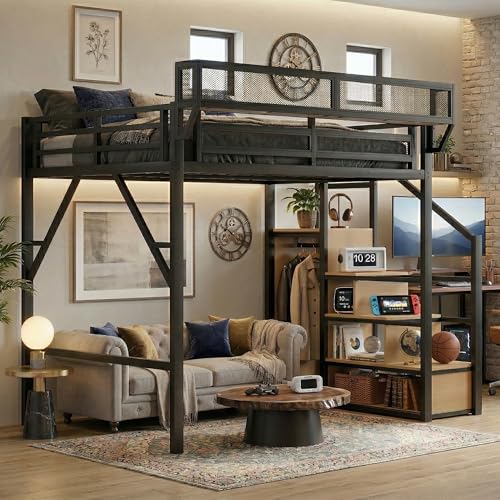 Aurnienofus Queen Size Loft Bed with Stairs and Storage, Metal Loft Bed Frame with Bedside Shelf and Large Under-Bed Space, Heavy-Duty Beds for Adults Teens and Kids, Black