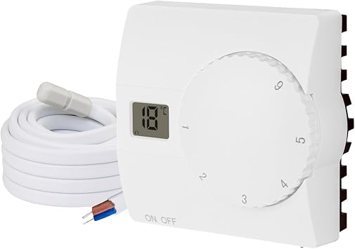 Surface-Mounted Room Thermostat Digital 230 V White with Internal and External Sensor for Water and Electric Underfloor Heating - Thermostat Regulator with Adjustment Wheel
