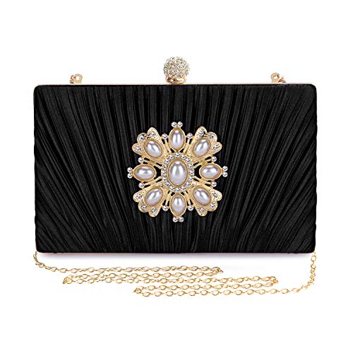 Mulian LilY M279 Evening Bag for Women, Pearl Flower Wedding Evening Clutch Purse Bride Floral Clutch Bag Black