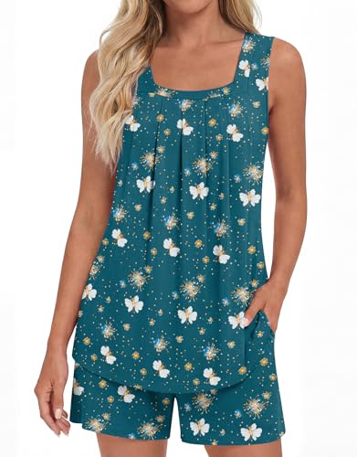 Image of LONGYUAN Womens Sleeveless Pajama Set Soft Summer Lounge Shorts Tank Top Sleepwear with Pockets 2 Piece Set M-3XL