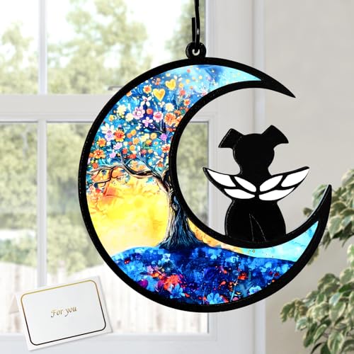 UXORSN Dog Angel Memorial Suncatcher with Rainbow Bridge Poem Card Pet Memorial Gifts for Loss of Dogs with Flower Tree Sympathy Dog Memorial Gifts for Windows Porch Balcony Indoor Outdoor