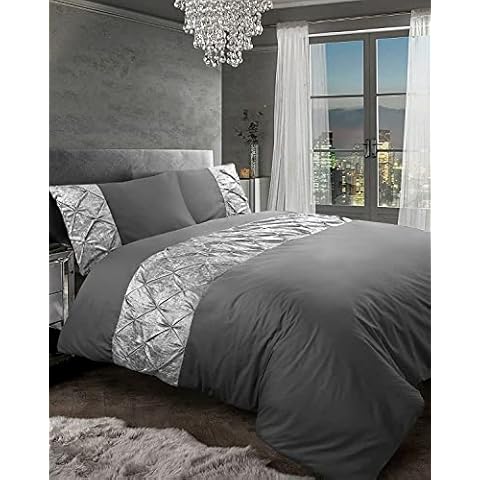 Pintuck Crushed Velvet Duvet Cover Set 100% Cotton 200 Thread Count Pleated Bedding Sets Double King Super King Quilt Covers with Pillow Cases (Double, Charcoal) Cover