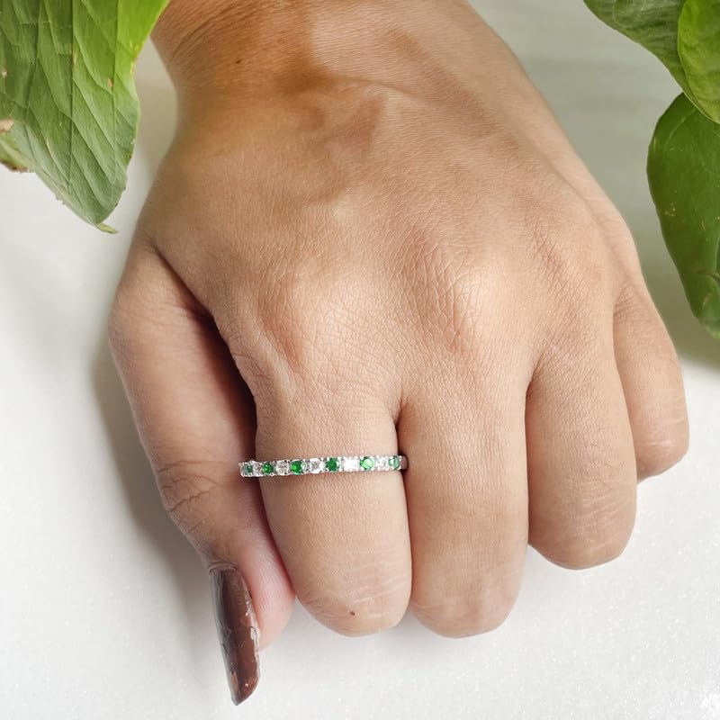 Miniatura 2 de Alternate Green Emerald & White Diamond Half Eternity Wedding Band For Women, 14k Yellow Gold Finish Green Emerald Wedding Band, Ladies Stackable