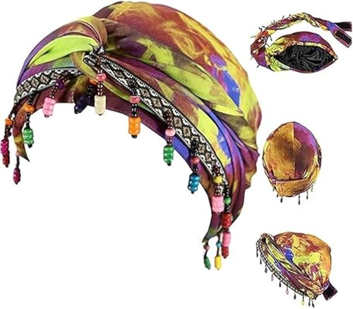 Stretchy Adjustable Women's Beaded Headscarf Hat, Boho Satin Lined Halo Turban Decorative Hats