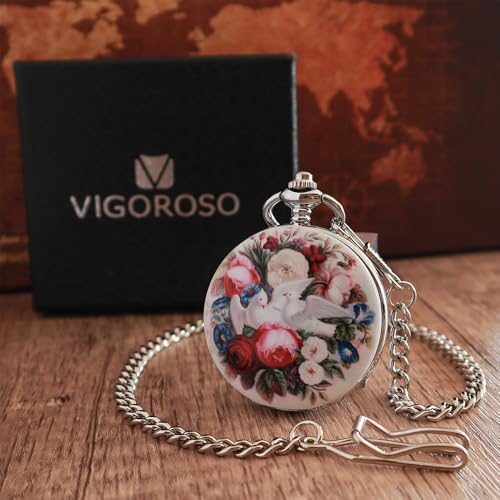 Image of VIGOROSO Vintage Floral Bird Manual Mechanical Pocket Watch for Men & Women - Elegant Wind Up Pocket Watches Skeleton with Chain & Gift Box