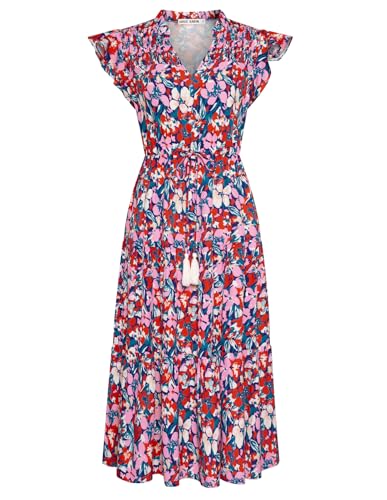 GRACE KARIN Cap Ärmel A-Linie Blumen Kleid für Damen Fließend Sommerkleider Kordelzug Stufen Rüschen Lange Strandkleider mit Taschen Blau Rot...