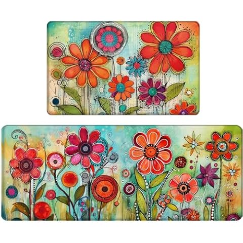 Bulijojo Flowers Anti Fatigue Kitchen Floor Mats Set of 2 Waterproof Kitchen Sink Runner Rug Standing Mat Cushioned Kitchen Rugs Comfort Doormat 17"x47"+17"x28" Cover