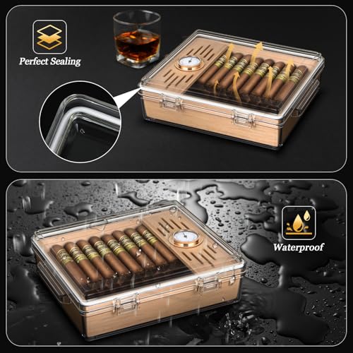Image of Acrylic Cigar Humidor, Clear Cigar Box with Hygrometer, Humidifier and Cedar Wood Tray, Desktop Cigar Case Can Hold About 20-30 Cigars (Clear)
