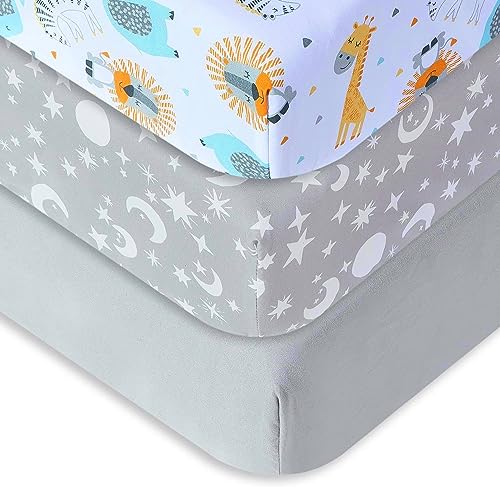 Image of Crib Sheets,3 Pack Boy Crib Sheet Size 28"x 52" for Standard Crib and Toddler Mattresses, Stars/Woodland Animals/Gray