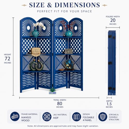 Image of Wooden Room Divider Partition Screen with Shelves | Foldable Decorative Privacy Separator Panel for Living Room, Bedroom, Office & Hall | Modern Blue Finish Home Decor