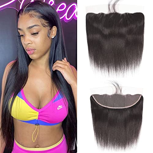 Plecare 13x4 Lace Frontal Ear to Ear Straight Human Hair Lace Frontal Brazilian Virgin Straight Lace Frontal Closure with Baby Hair 150% Density Natural Color (14 Inch)