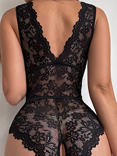 SOLY HUX Women's Floral Lace Scalloped Trim Deep V Neck Lingerie Teddy Bodysuit Black L - Image 3