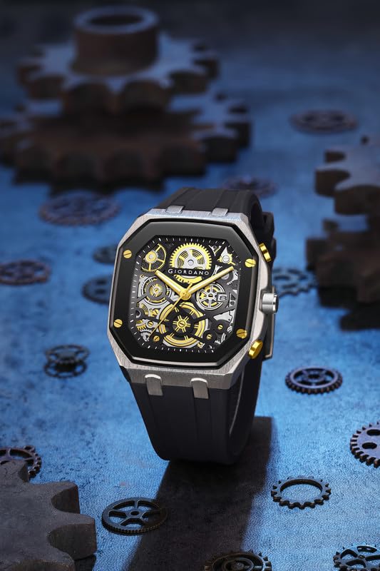 Image of Giordano Analog Quartz Watch for Men with Octagonal Skeleton Dial, Exposed Gear Design, Date Display and Silicone Strap - GZ-50221
