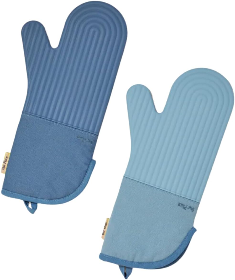 Hot Mitts - Premium Silicone & Cotton Twill Oven Mitts | Machine Washable,Set of 2 with Magnet & Hanging Loop | Heat Resistant Up to 550°F | Blue Salt