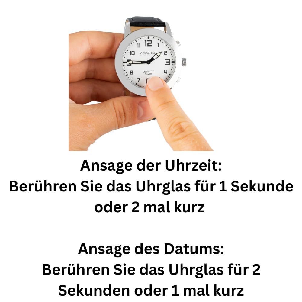 Marschall Senso Deutsch sprechende Herren Armbanduhr I S-HL2 I Mit Touch Funktion I Für Blinde, Senioren und Demenzkranke I Datum- und Zeitansage I Schwarzes Lederarmband