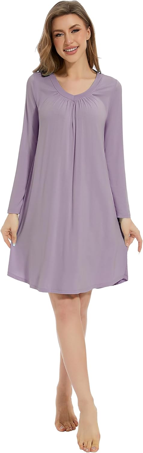 WiWi Women's Viscose from Bamboo Nightgown Long Sleeve Nightshirt Soft Sleep Dress Loose Comfy Pajama Sleepwear S-XXL - Image 4