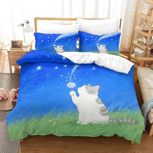 WXLWHR Housse De Couette British Shorthair Microfibre Parure De Lit 3 Pièces British Shorthair Pissenlit avec Taie d'oreiller pour Enfants Garçons Filles...