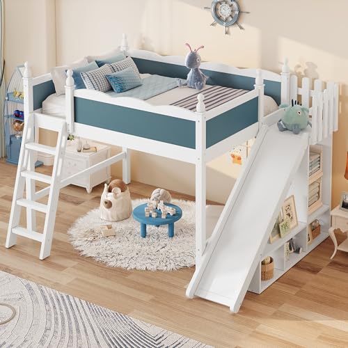Image of Full Size Loft Bed with Storage Shelves, Cabinet & Detachable Slide and Ladders, Solid Wood Kids Loft Bed for Space-Saving, Playful & Organized Bedroom (Blue+Light White2, Full)