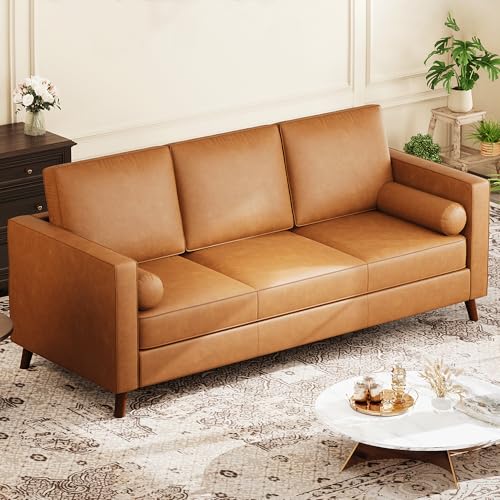 GarveeHome 86" Leather Sofa for Living Room, Mid-Century Modern Couch with Deep Seats, Brown Faux Leather Couch, 3 Seat Sofa with Removable Cover for Apartment, Office, Cognac Tan