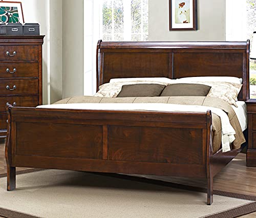 TREATLIFE HOME Traditional Queen Size Sleigh Bed with Brown Cherry Finish, Elegant Design for Bedroom