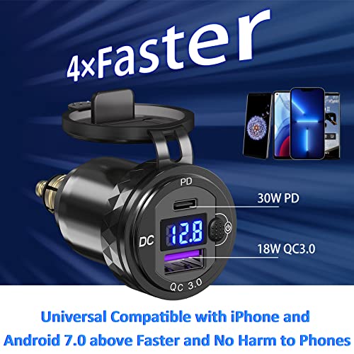 Image of Qidoe Motorcycle Power Adapter Waterproof Hella Din Plug to USB Adapter with ON-Off Switch 30W USB C PD3.0 Din USB 18W QC3.0 Quick Charge Aluminum Voltmeter Triumph Motorcycle Accessories