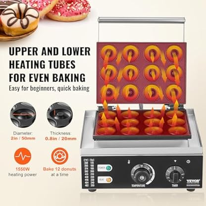 VEVOR Elektrischer Donutmaker, 1550 W Kommerzielle Donutmaschine mit Antihaftbeschichtung, 12-Loch-Waffelmaschine mit Doppelseitiger Heizung für 12 Donuts, für Restaurants und den Heimgebrauch – Bild 4