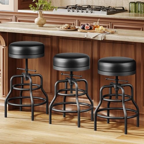 Image of Raynesys 22-29 Inch Adjustable Height Industrial Swivel Bar Stools Set of 3 | Vintage Bar Counter Height Stool with Thicken Premium Bonded Leather Seat & Updated Footrest, Easy Assembly, Black