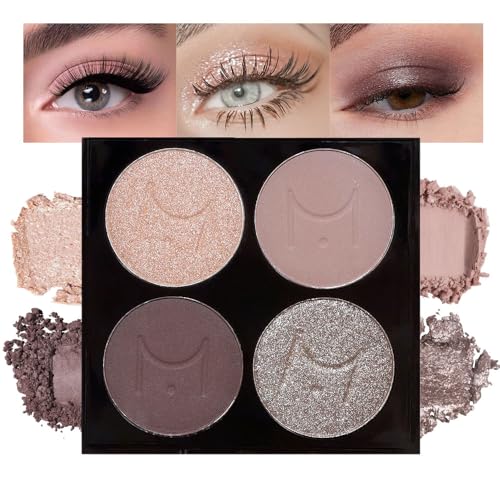 Yamobi Paleta de sombras de ojos en 4 colores, resistente al agua y de larga duración con efecto de brillo, mini maquillaje para looks naturales diarios y ojos ahumados