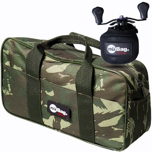 Kit Bolsa de Pesca de Mão Camuflada com 8 Divisórias + Protetor de Carretilhas Neoprene Transporte e Pescaria Seguros Nü Bag