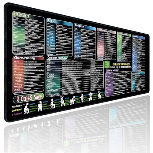 Excel Cheat Sheet Desk Pad & Large Mouse Pad for Keyboard and Mouse - XL Gaming Mousepad with Excel...