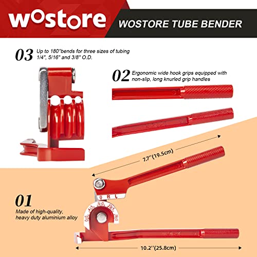 Image of Wostore 180 Degree Tubing Bender, 3-in-1 for 1 /4 inch 5 /16 inch 3 /8 inch OD, Machined Steel 0-180 Pipe Bender with Non-Slip Grip for Copper Aluminum Brass Thin Stainless Steel, HVAC Plumbing DIY Red