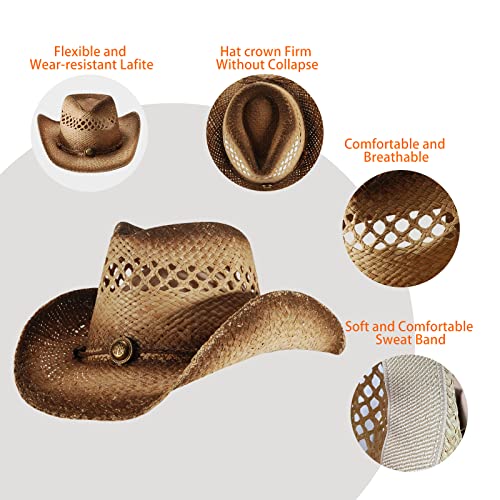 Image of Men's Cowboy Hats Summer Women Beach Cowgirl Hat Raffia Unisex Western Sun Hat