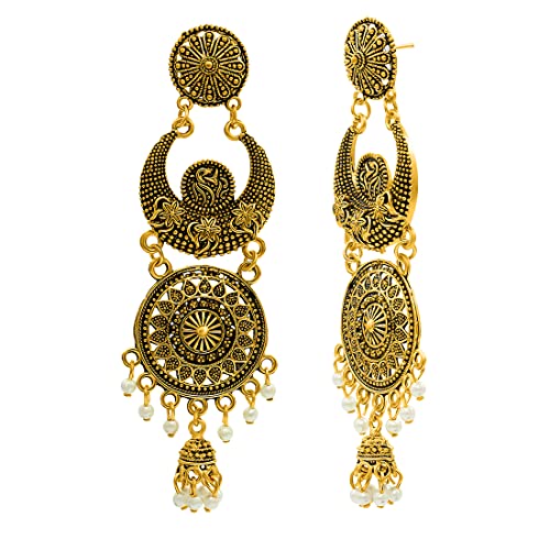 Image of Nakabh Traditional Gold Plated Oxidised Alloy Jhumki Earrings for Women Stylish