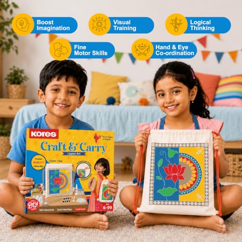 Image of Kores Craft & Carry Lippan Art Kit for Kids | DIY Indian Art Canvas Bag Painting Kit | Dual-Sided Drawstring Bag | Acrylic Colours, Sketch Pens, 3D Liner, Beads, Fabric Glue & Manual | Age 6-99