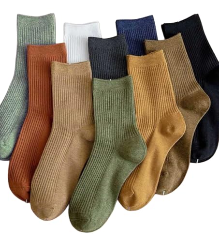 LuckieMe 10 Pair Multicolor Ribbed Socks, Unisex, Neutral Colors, Comfortable, Versatile, Crew Socks