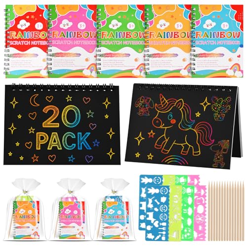 Tigvio mitgebsel kindergeburtstag Kratzbilder für Kinder Set mit 20 Stück Kratzbilder (10*14cm), kindergeburtstag gastgeschenke Kratzbuch Set für Jungen Mädchen Geburtstagstüten Kinder Party-mitgebsel