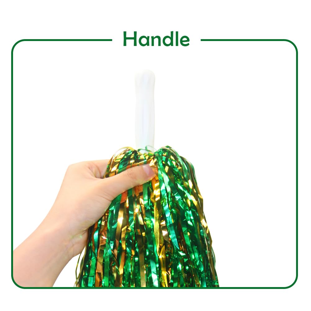 Hooshing 12PCS Pom Poms Cheerleading Metallic Foil Green and Gold Cheer Pom Poms with Plastic Handles for Rooters Cheering Squard Team Spirit Sports Party