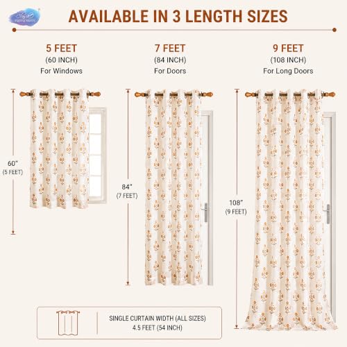 Image of Clasiko Block Print Sheer Door Curtains| 7 Feet | 40% Light Filtering Linen Textured Curtains with Eyelets & Tieback | Handcrafted Floral