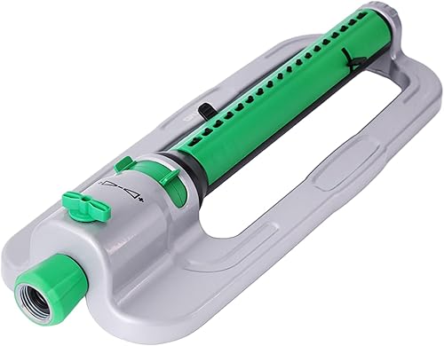 RESTMO Rociador oscilante resistente con base de metal estable, 18 boquillas, cubre hasta 4,200 pies cuadrados, aspersor de flujo y ancho ajustable